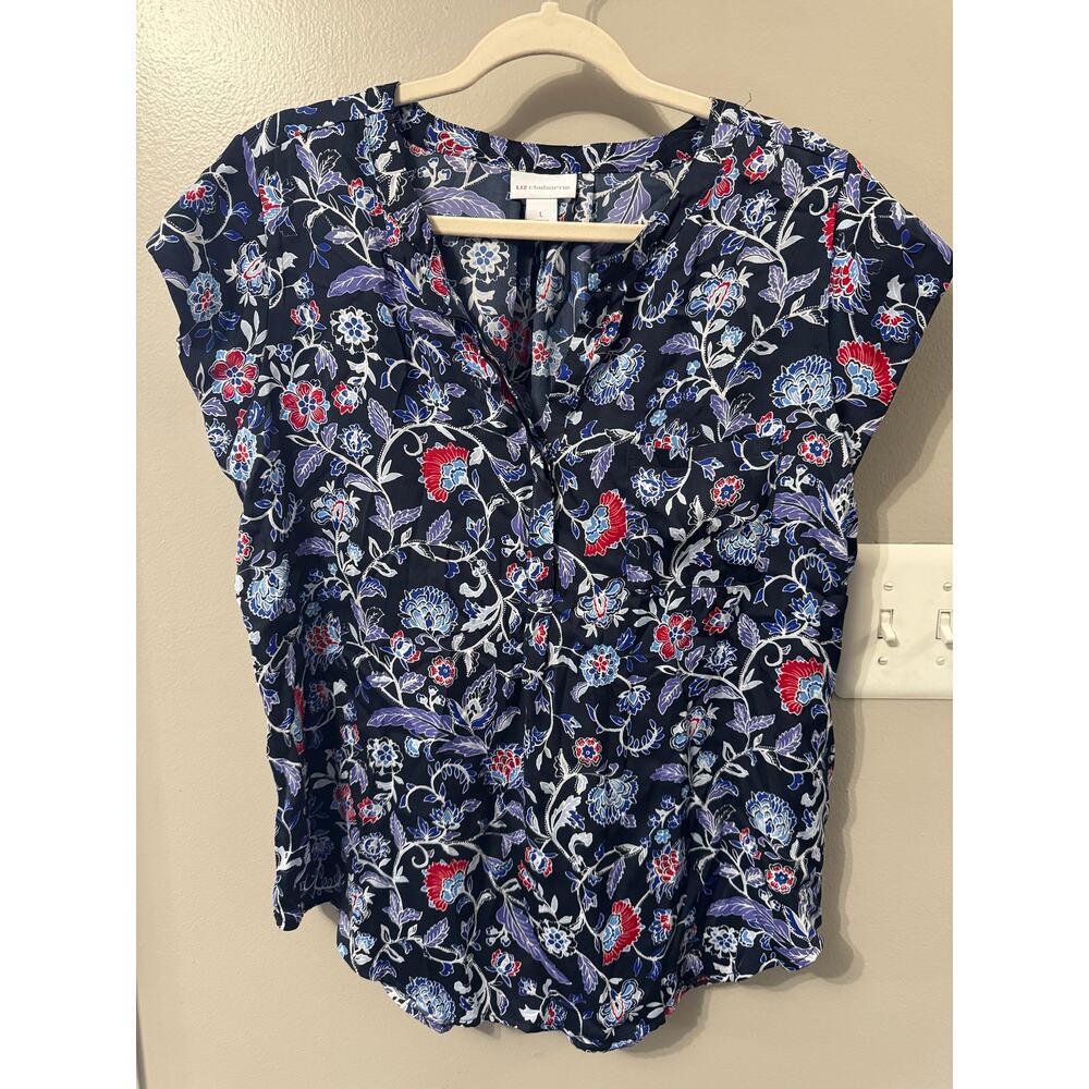 Liz Claiborne Woman's Shirt, size L, Navy, Floral, Button Up, Short Sleeves